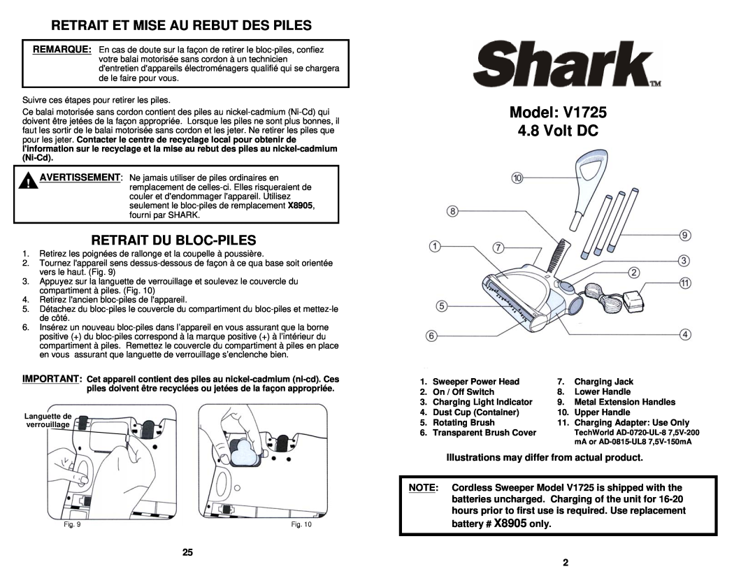 Shark V1725 owner manual Model 4.8 Volt DC, Retrait Et Mise Au Rebut Des Piles, Retrait Du Bloc-Piles, battery # X8905 only 