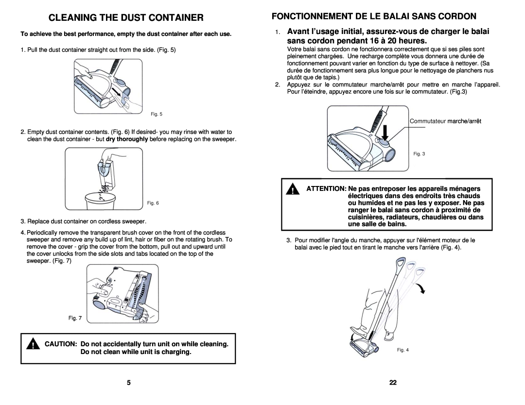 Shark V1725 owner manual Cleaning The Dust Container, Avant l’usage initial, assurez-vous de charger le balai 