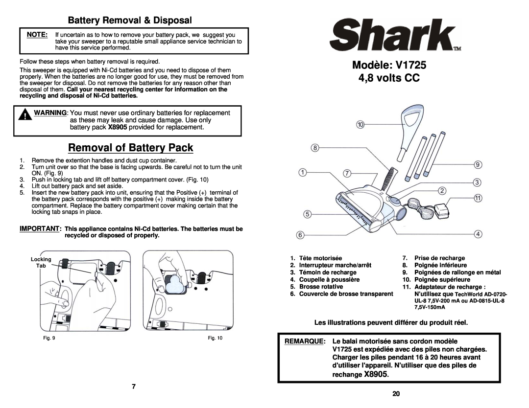 Shark V1725 Removal of Battery Pack, Modèle 4,8 volts CC, Battery Removal & Disposal, Tête motorisée, Prise de recharge 