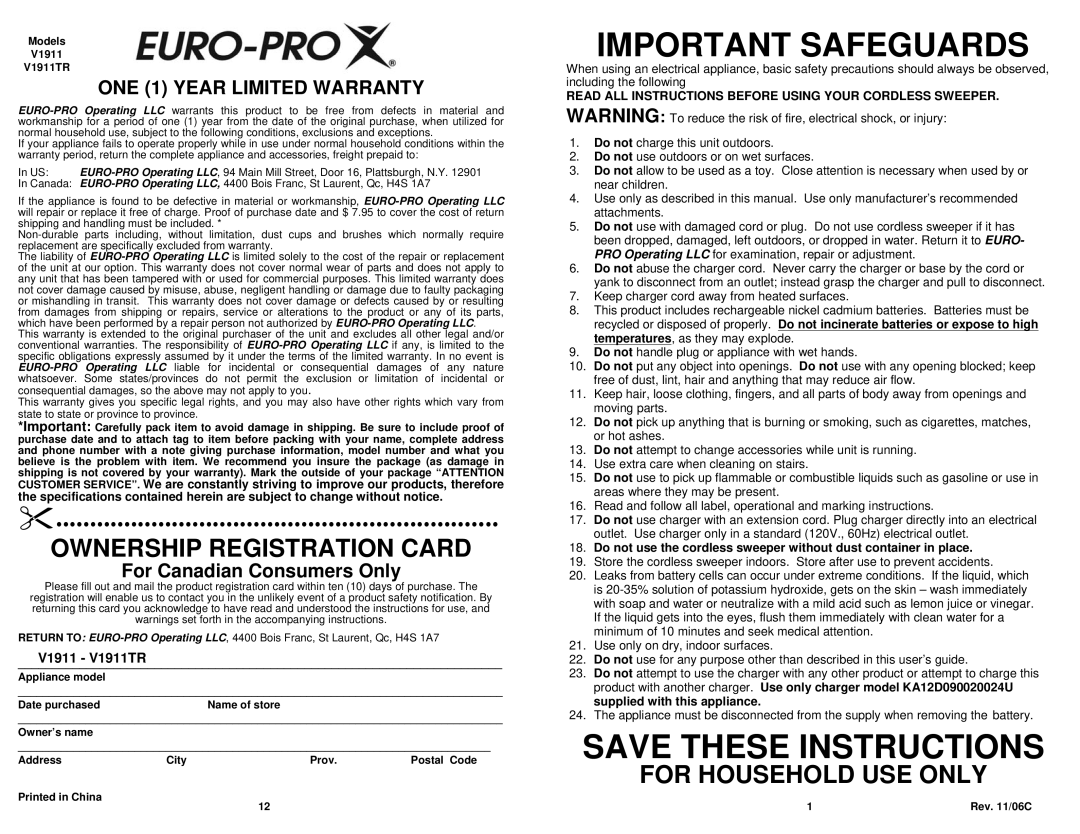 Shark manual V1911 V1911TR, Read ALL Instructions Before Using Your Cordless Sweeper 