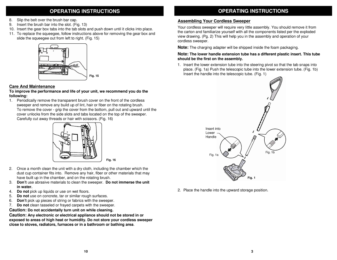 Shark V1911TR manual Operating Instructions, Care And Maintenance, Assembling Your Cordless Sweeper 