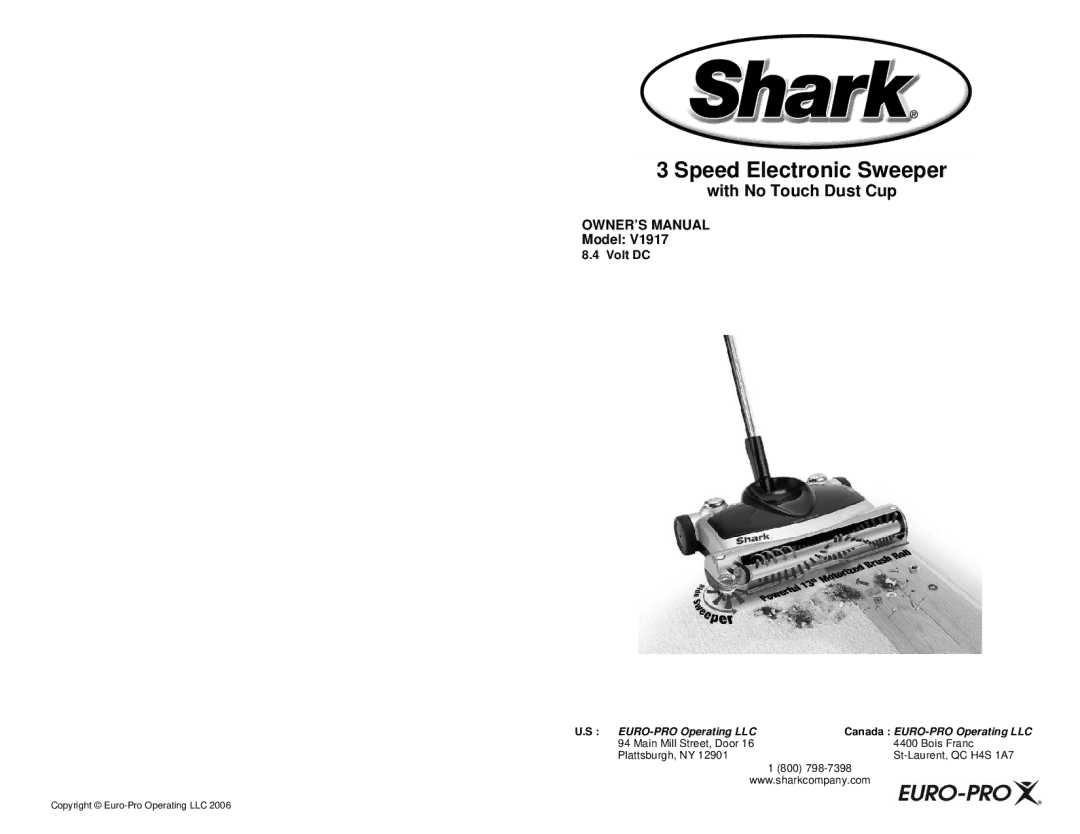 Shark V1917 owner manual Speed Electronic Sweeper, Model 