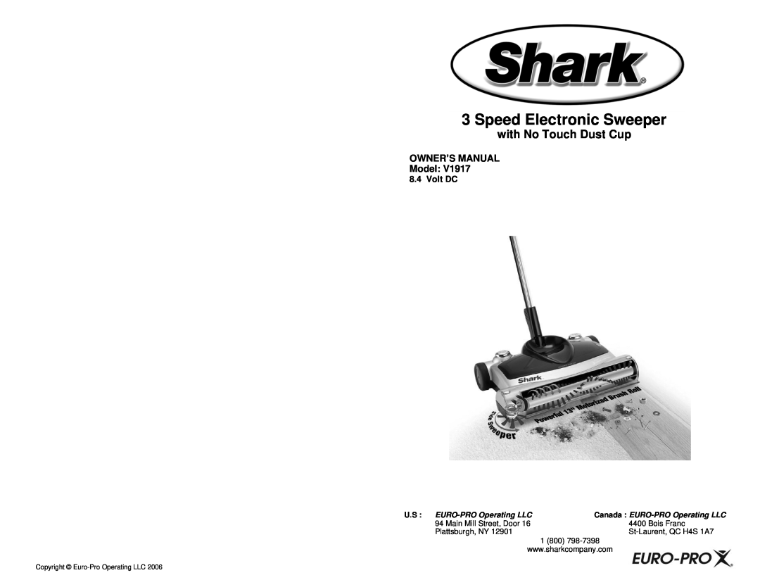 Shark V1917 owner manual with No Touch Dust Cup, OWNER’S MANUAL Model, Speed Electronic Sweeper 