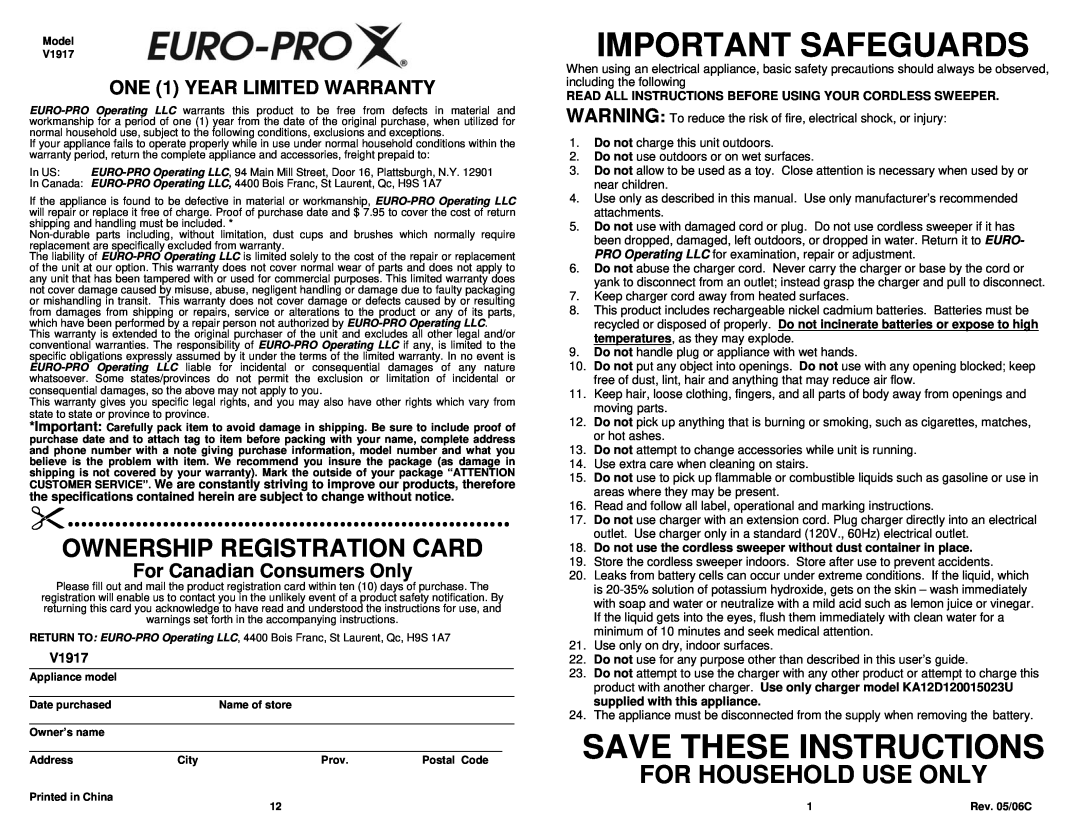 Shark V1917 owner manual Important Safeguards, Save These Instructions, Ownership Registration Card, For Household Use Only 