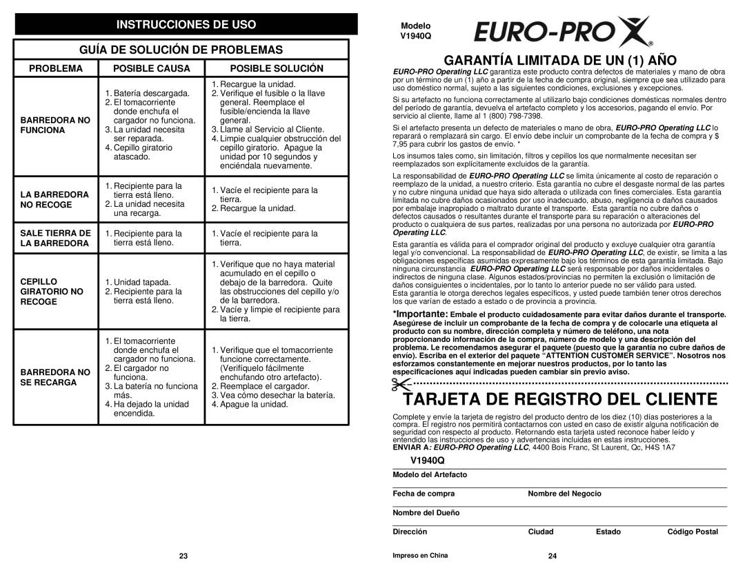 Shark V1940Q manual Tarjeta DE Registro DEL Cliente, Garantía Limitada DE UN 1 AÑO, Guía DE Solución DE Problemas 