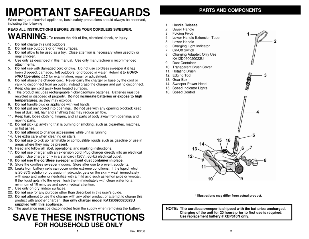 Shark V1940Q manual Parts and Components, Read ALL Instructions Before Using Your Cordless Sweeper 