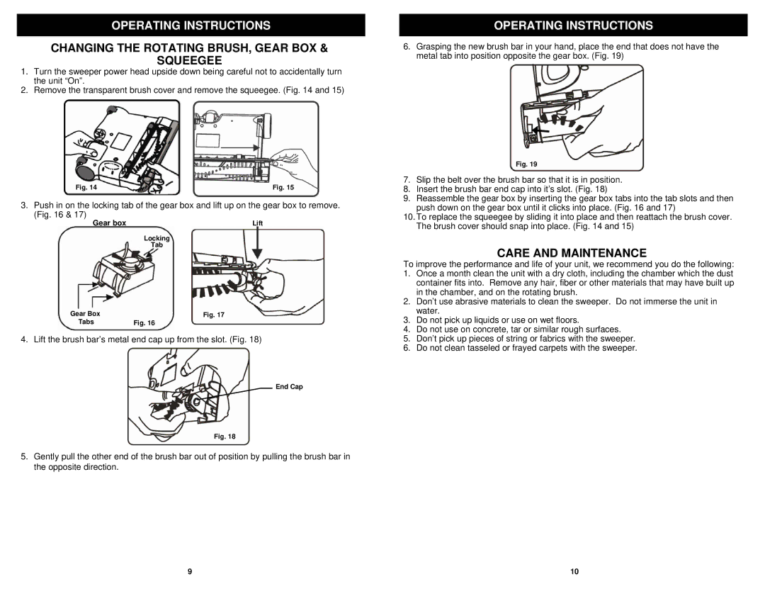 Shark V1940Q manual Changing the Rotating BRUSH, Gear BOX Squeegee, Care and Maintenance 