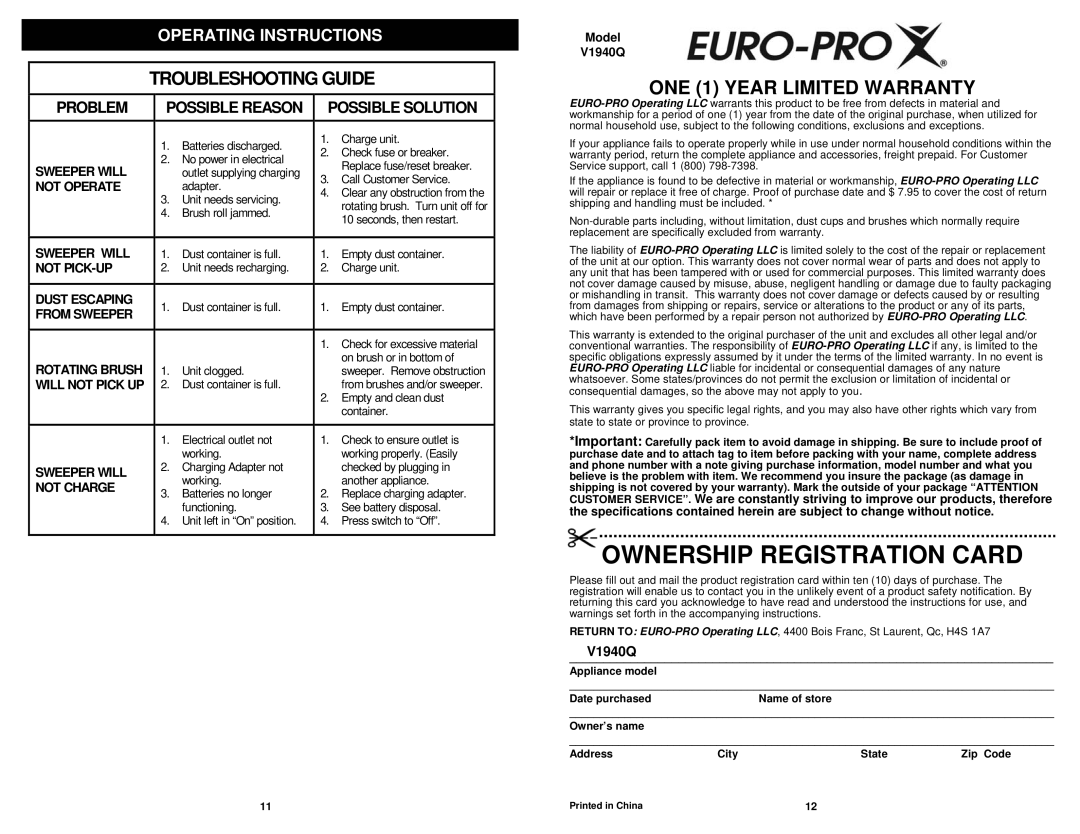 Shark V1940Q manual Ownership Registration Card, ONE 1 Year Limited Warranty, Will not Pick UP 