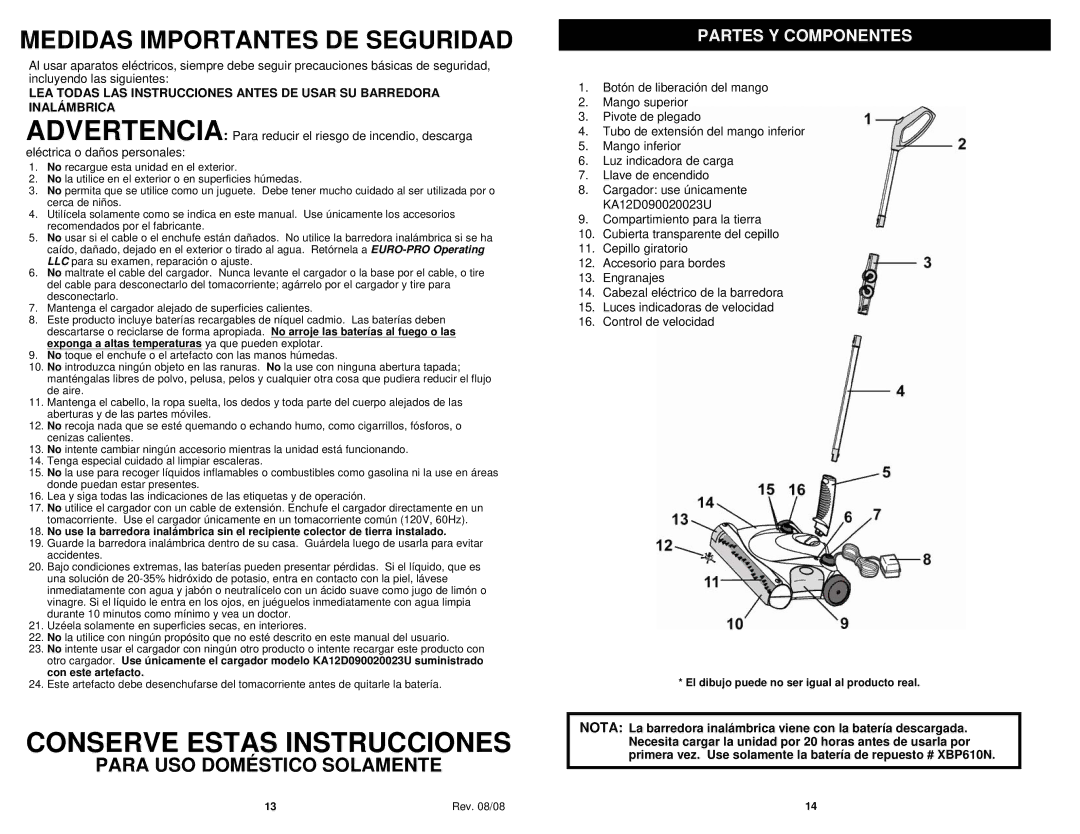 Shark V1940Q manual Medidas Importantes DE Seguridad, Para USO Doméstico Solamente, Partes Y Componentes 