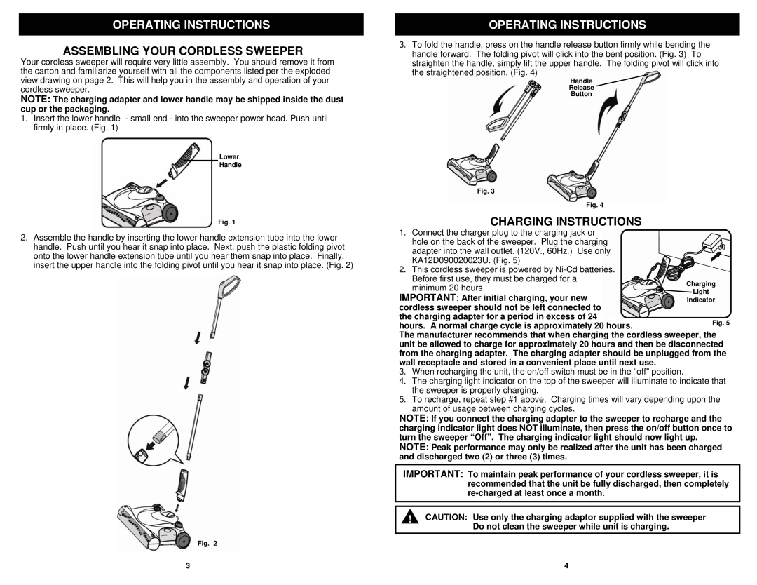 Shark V1940Q manual Operating Instructions, Assembling Your Cordless Sweeper, Charging Instructions 