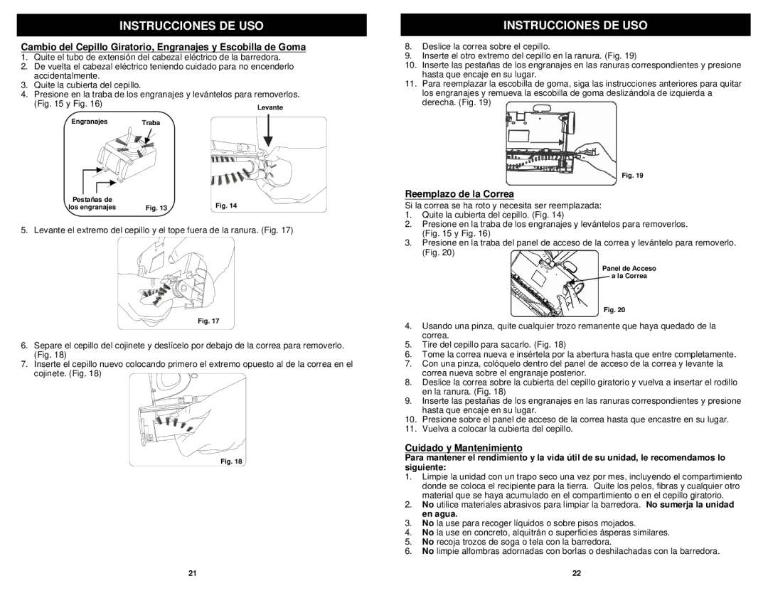 Shark V1950Q manual Reemplazo de la Correa, Cuidado y Mantenimiento 