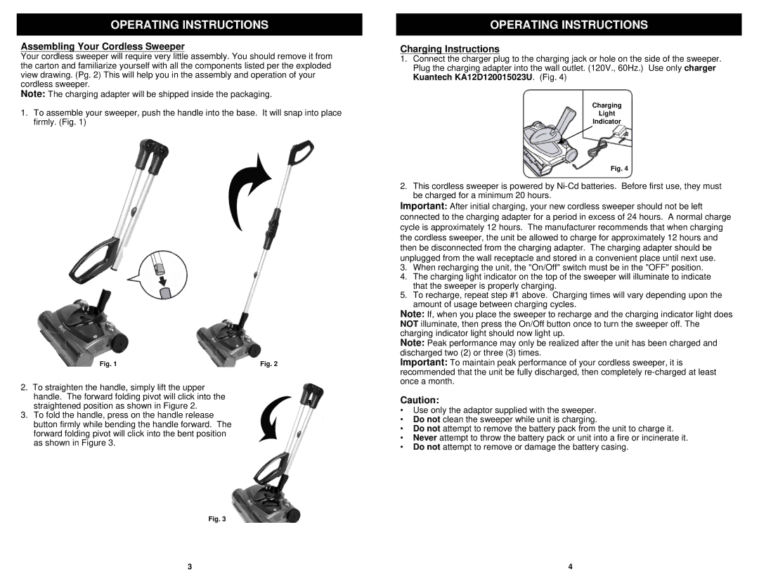 Shark V1950Q manual Operating Instructions, Assembling Your Cordless Sweeper, Charging Instructions 