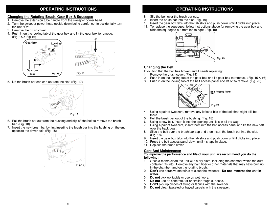 Shark V1950Q manual Changing the Rotating Brush, Gear Box & Squeegee, Changing the Belt, Care And Maintenance 