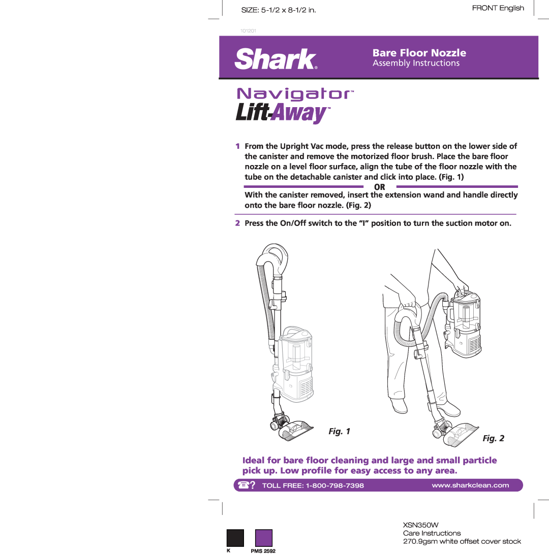 Shark XSN350W manual Lift Away, Bare Floor Nozzle, Assembly Instructions 