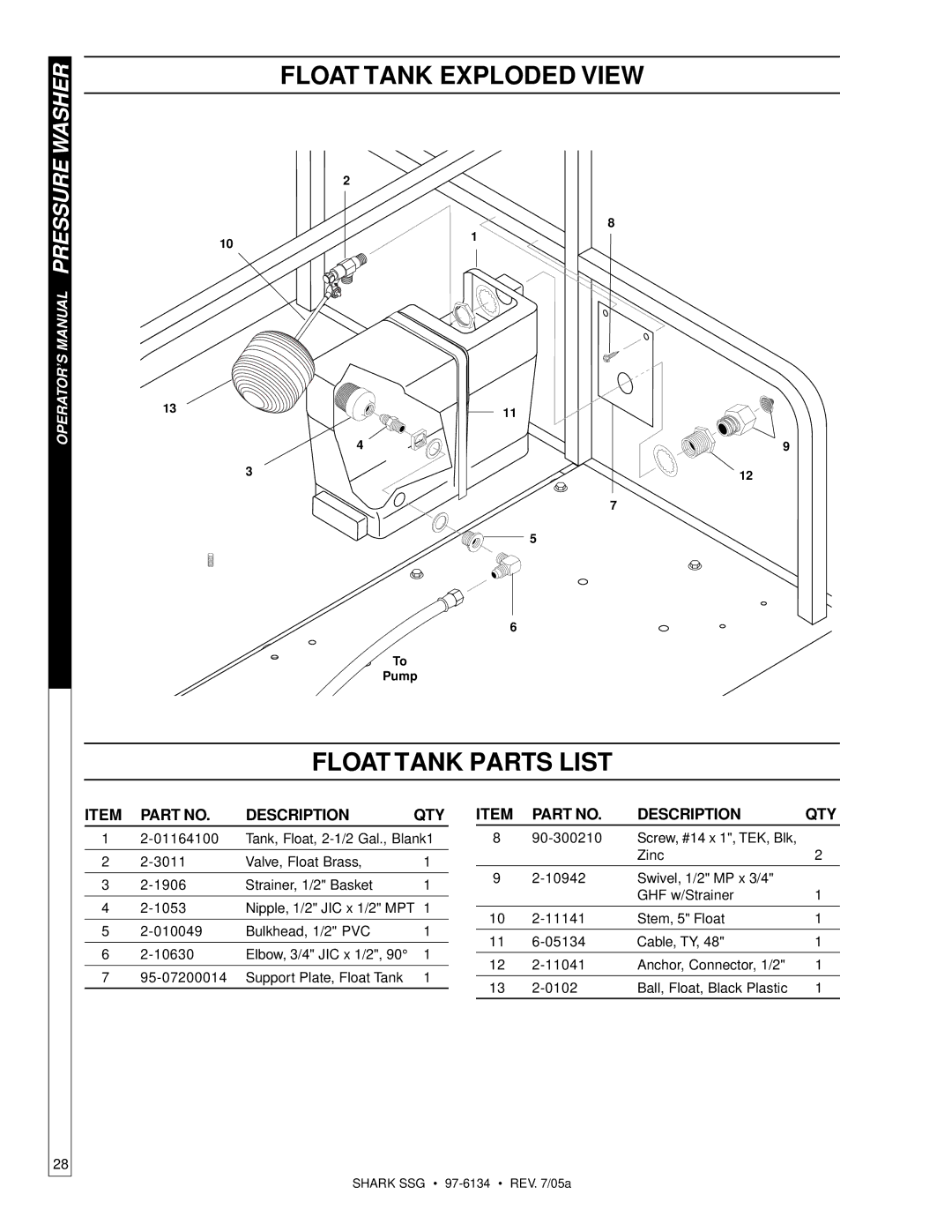 Shark SSG-503027E, SSG-503027G, SSG-503537E, SSG-503537G, SSG-603537E, SSG-603537G manual Float Tank Exploded View 