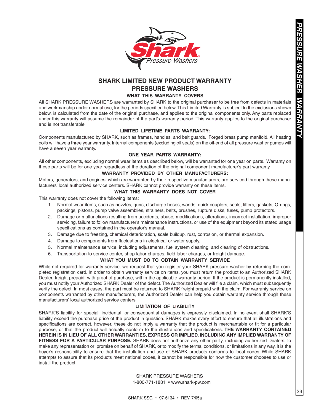 Shark SSG-503027E, SSG-503027G, SSG-503537E, SSG-503537G, SSG-603537E, SSG-603537G manual Pressure Washer Warranty 