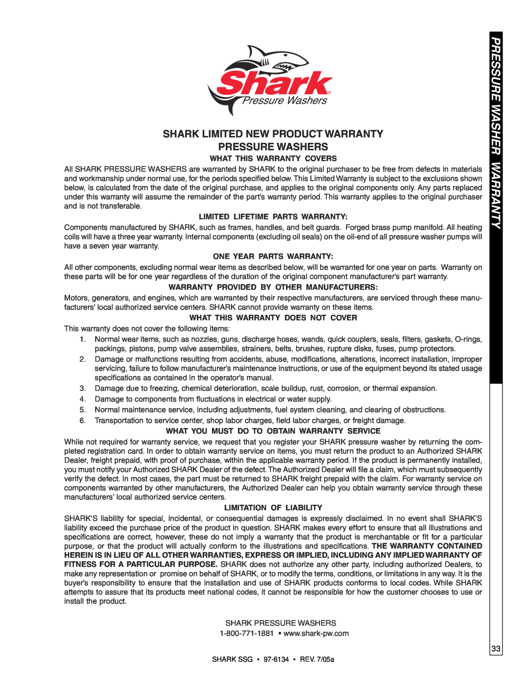 Shark SSG-503027E, SSG-503027G, SSG-503537E, SSG-503537G, SSG-603537E, SSG-603537G manual Pressure Washer Warranty 