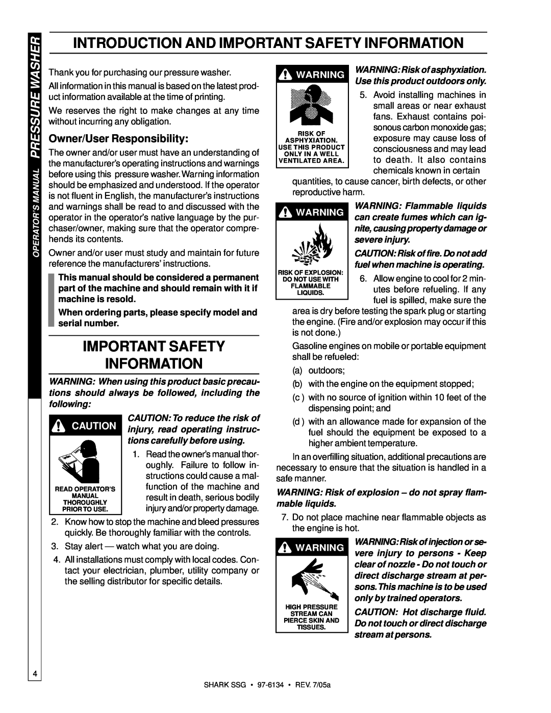 Shark SSG-503027E, SSG-503027G, SSG-503537E, SSG-503537G, SSG-603537E, SSG-603537G Important Safety Information, Washer 