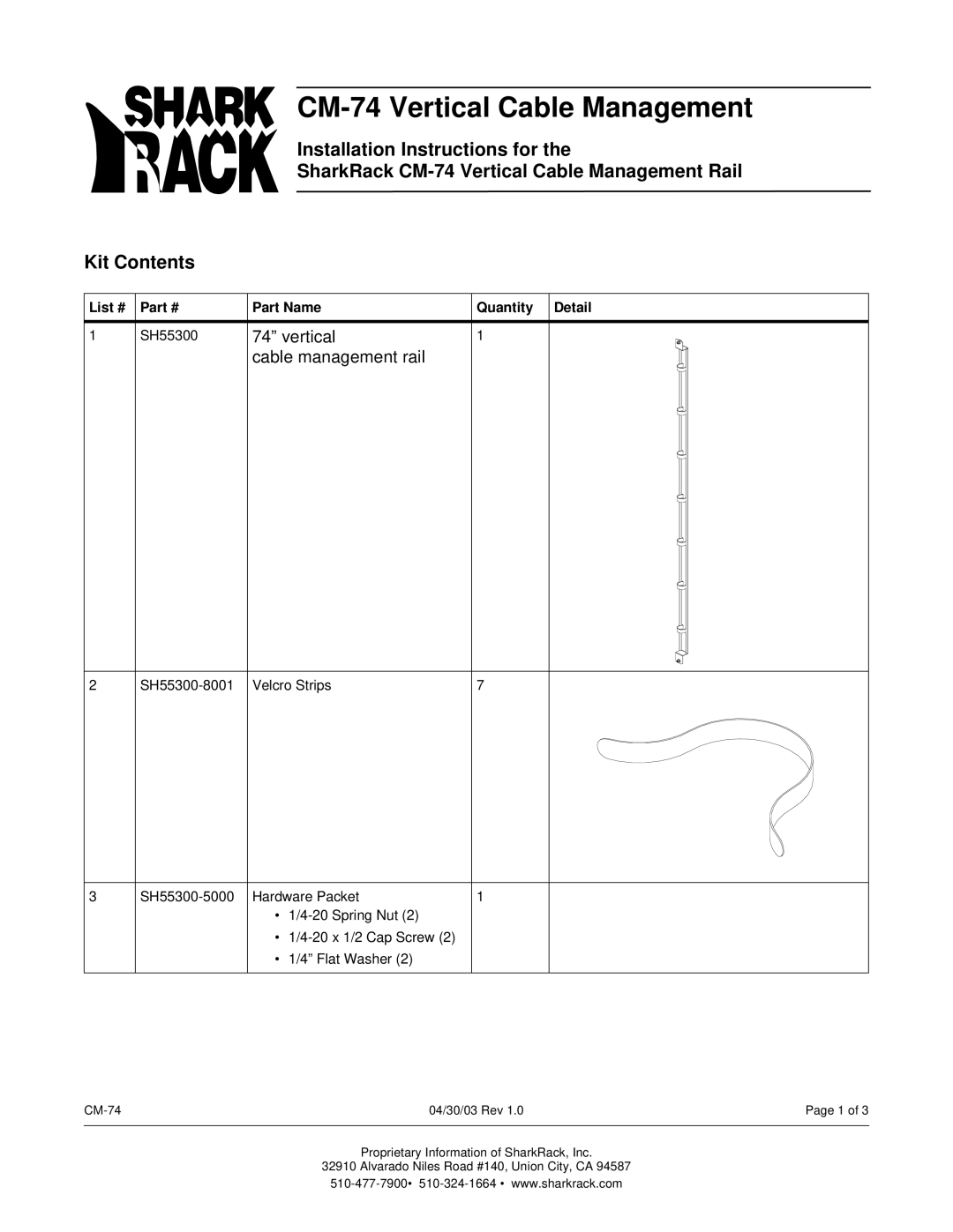 SharkRack installation instructions CM-74 Vertical Cable Management, Cable management rail 