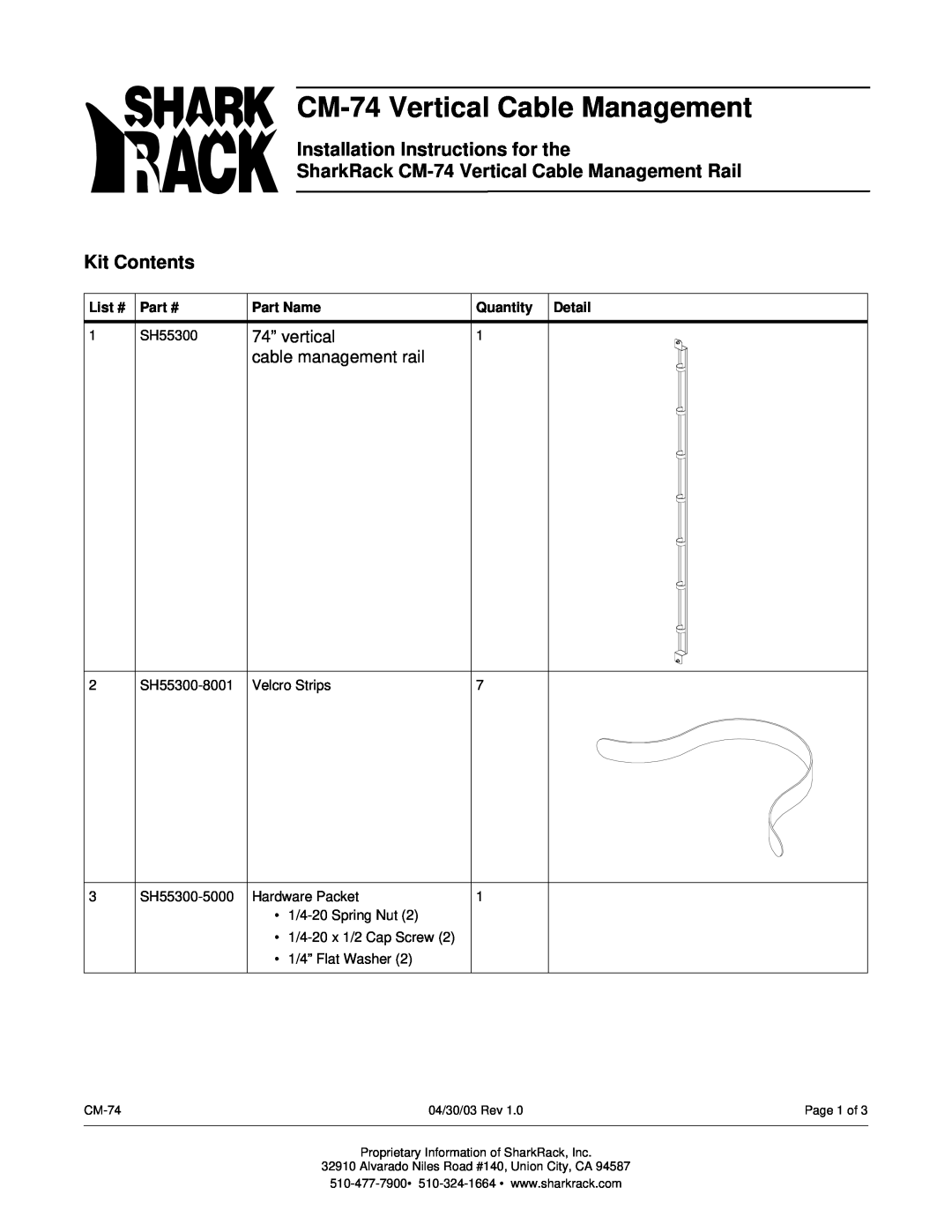 SharkRack installation instructions Installation Instructions for the, SharkRack CM-74Vertical Cable Management Rail 
