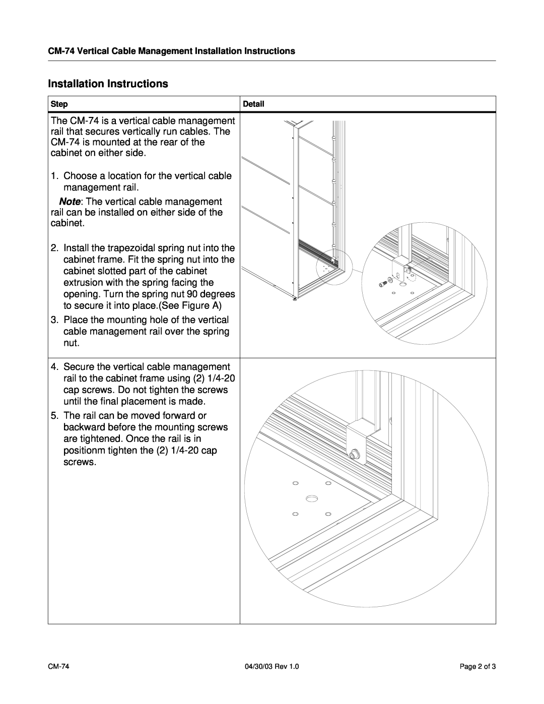SharkRack CM-74 installation instructions Installation Instructions, Step, Detail 