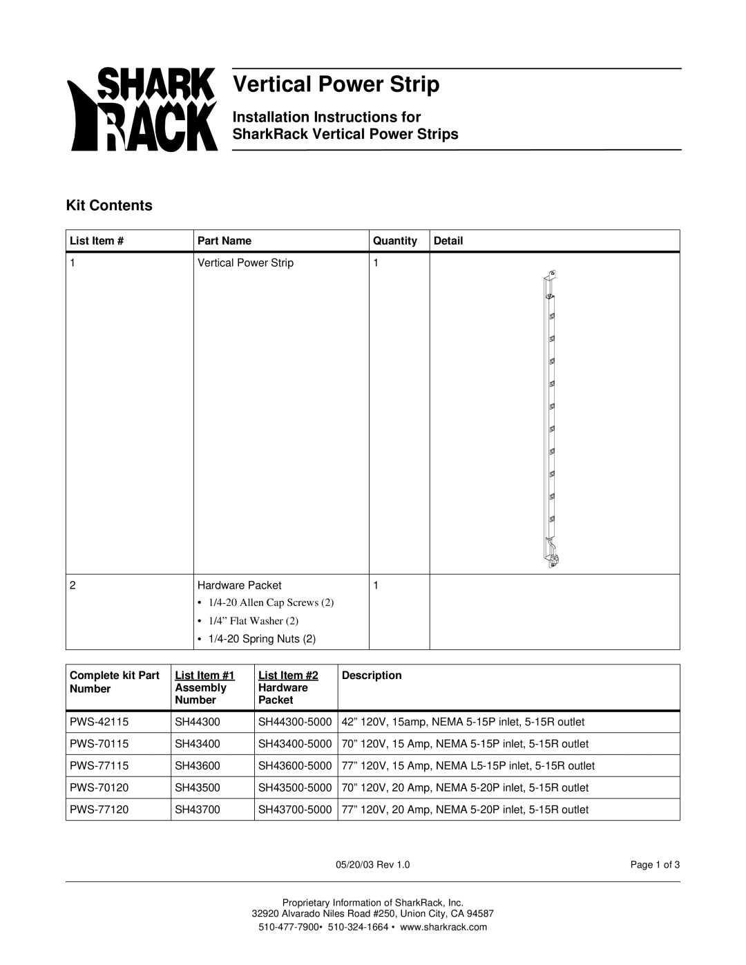 SharkRack PWS-42115, PWS-77120, PWS-70115, PWS-77115, PWS-70120 installation instructions Vertical Power Strip, Kit Contents 