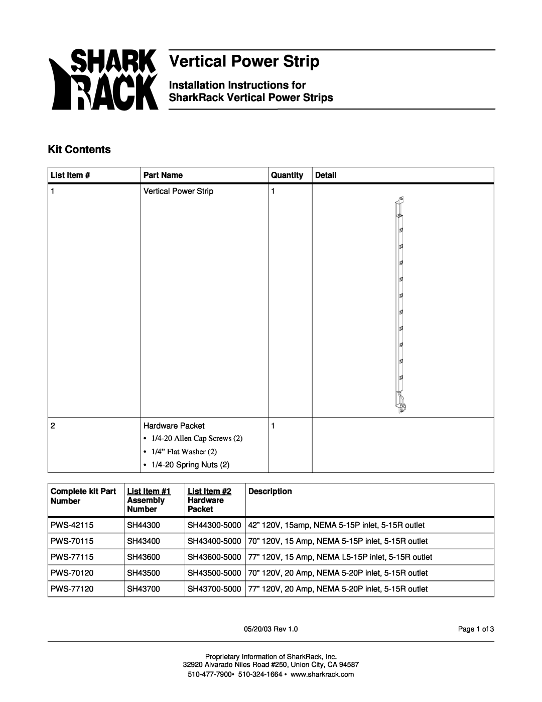 SharkRack PWS-42115 installation instructions Kit Contents, Installation Instructions for SharkRack Vertical Power Strips 