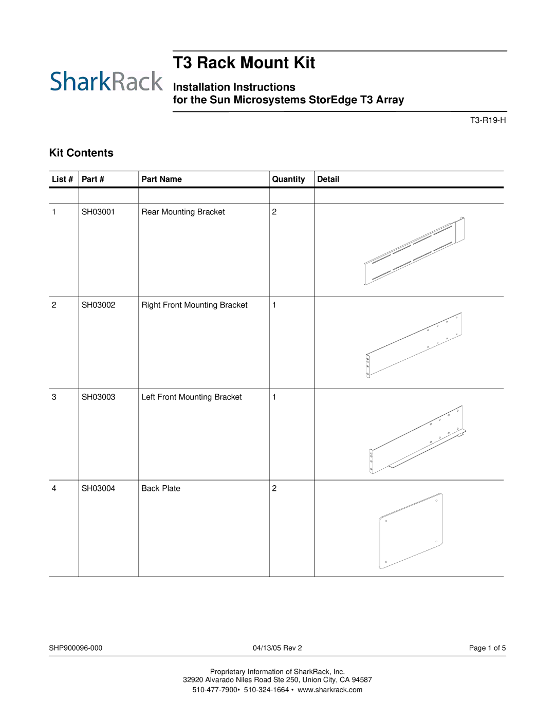 SharkRack T3-R19-H installation instructions Kit Contents, List #, Part Name Quantity Detail Rear Mounting Bracket 