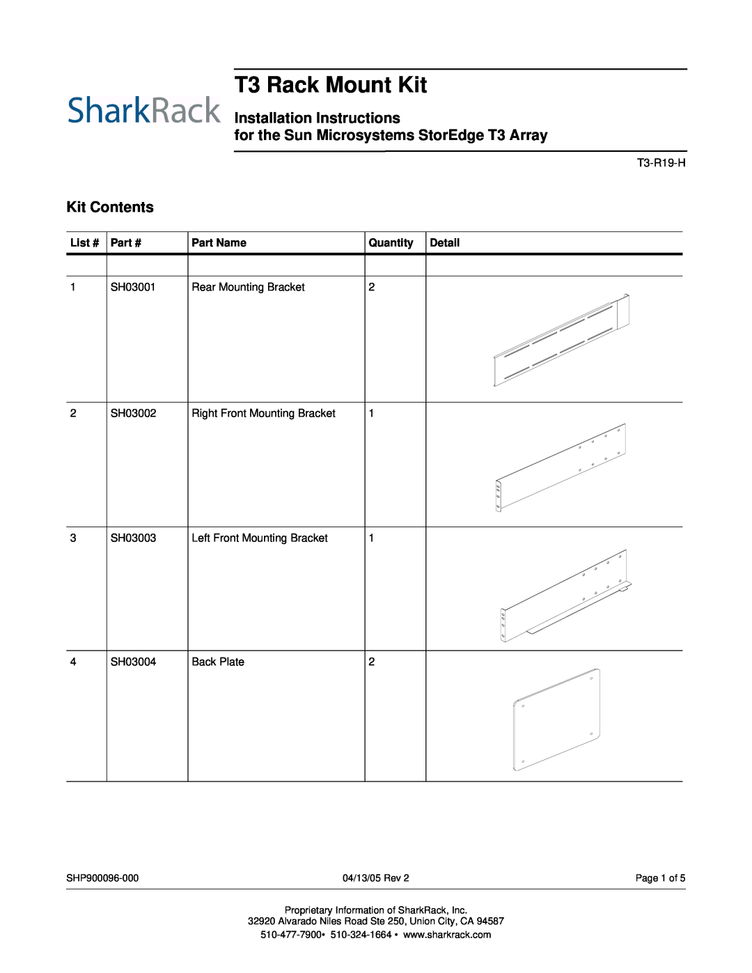 SharkRack T3-R19-H installation instructions T3 Rack Mount Kit, Kit Contents, Installation Instructions, List #, Part Name 