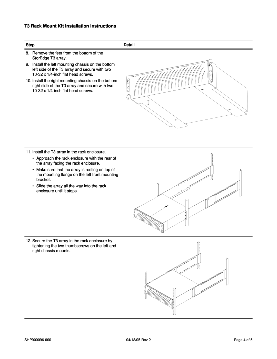 SharkRack T3-R19-H T3 Rack Mount Kit Installation Instructions, Step, Install the T3 array in the rack enclosure, Detail 
