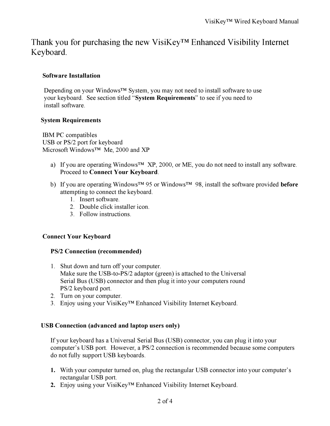 Sharp 100-EVIK manual VisiKey Wired Keyboard Manual 