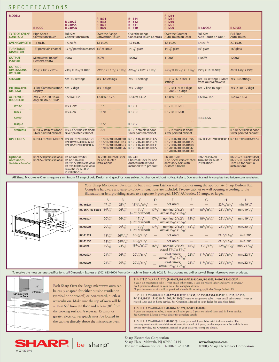 Sharp 11452 manual Specification S 