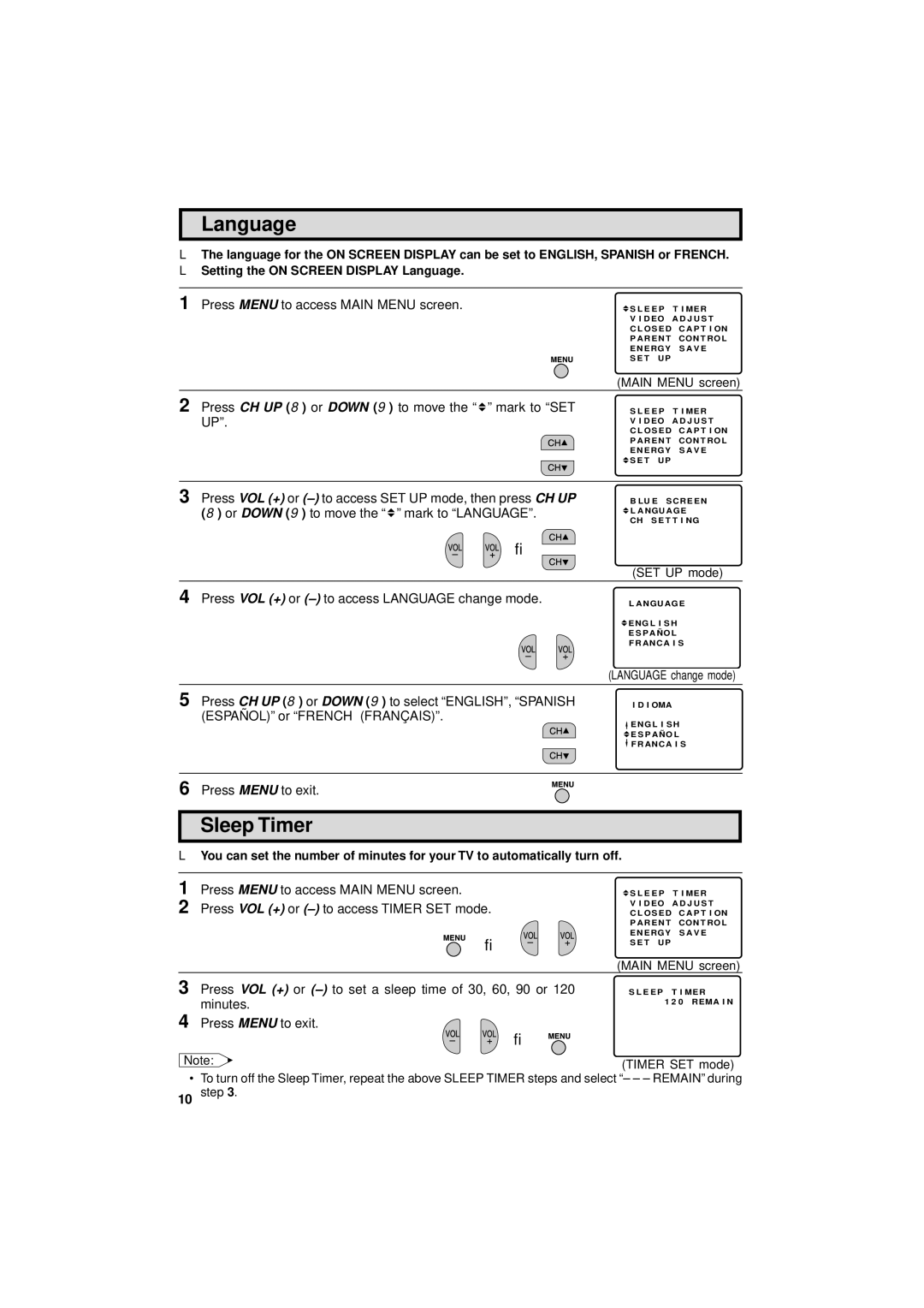 Sharp 13L-M100B, 13L-M150B operation manual Language, Sleep Timer, Timer SET mode 