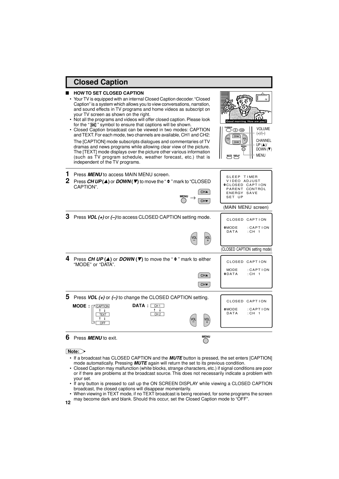 Sharp 13L-M100B, 13L-M150B operation manual HOW to SET Closed Caption, Mode, Data 