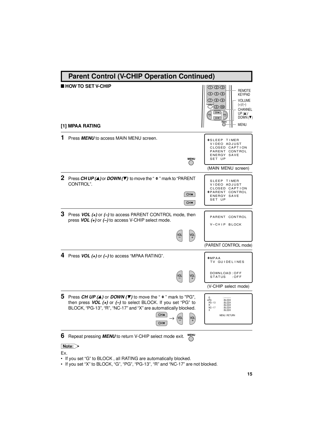 Sharp 13L-M150B, 13L-M100B operation manual HOW to SET V-CHIP Mpaa Rating 