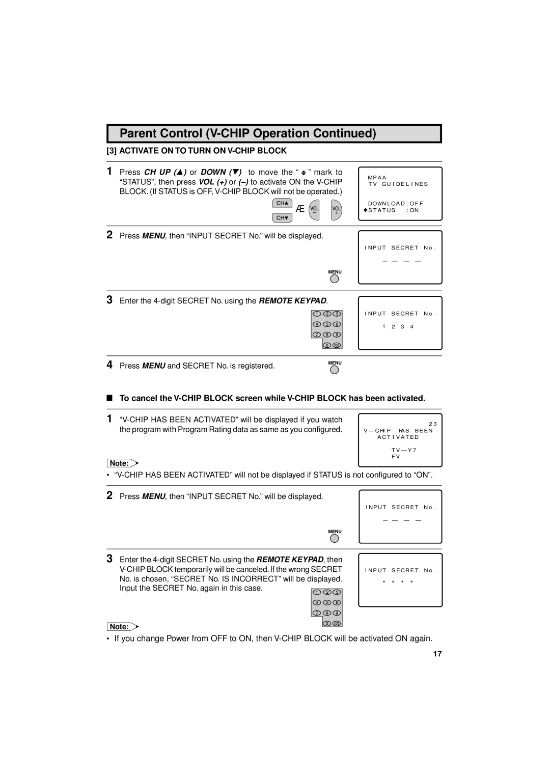 Sharp 13L-M150B, 13L-M100B operation manual Activate on to Turn on V-CHIP Block 