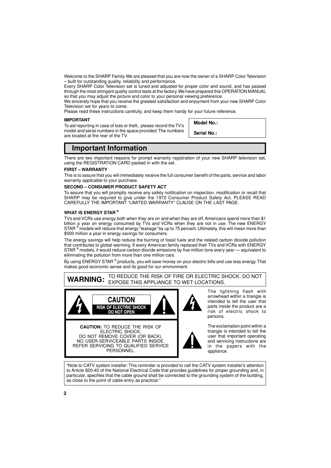 Sharp 13L-M100B, 13L-M150B Important Information, Model No Serial No, First Warranty, Second Consumer Product Safety ACT 