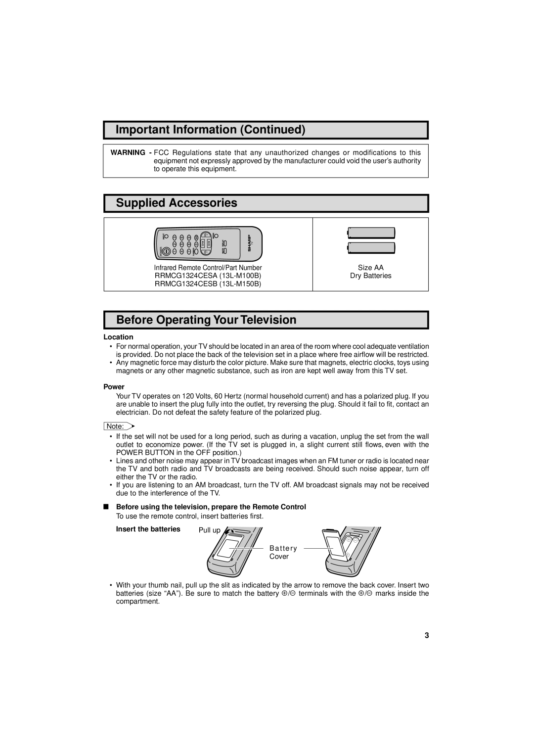 Sharp 13L-M150B, 13L-M100B Important Information Supplied Accessories, Before Operating Your Television, Location, Power 