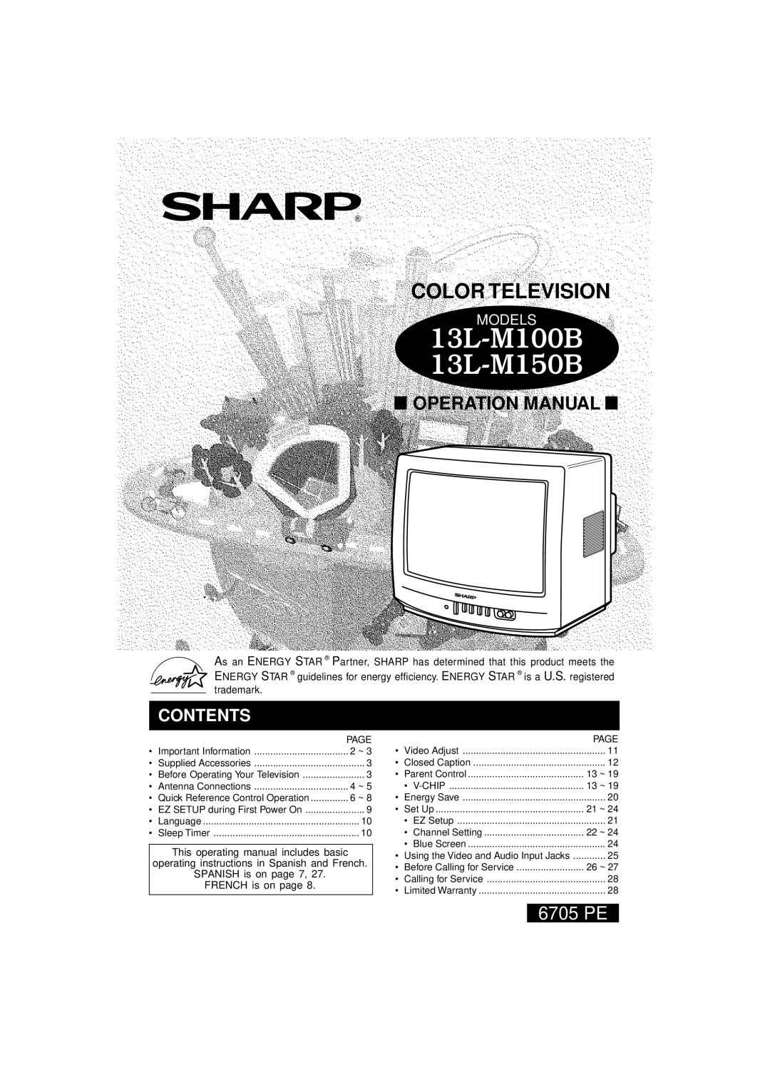 Sharp operation manual L Operation Manual L, 13L-M100B 13L-M150B, Color Television, 6705 PE, Contents, Models 