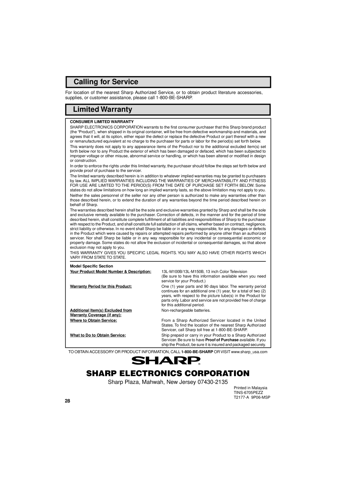 Sharp 13L-M100B Sharp Electronics Corporation, Calling for Service, Limited Warranty, Sharp Plaza, Mahwah, New Jersey 