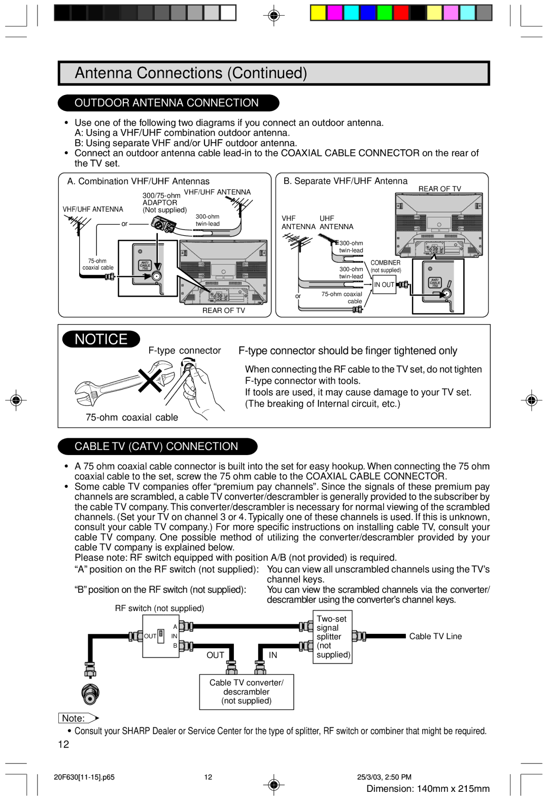 Sharp 20F630 L operation manual Outdoor Antenna Connection 