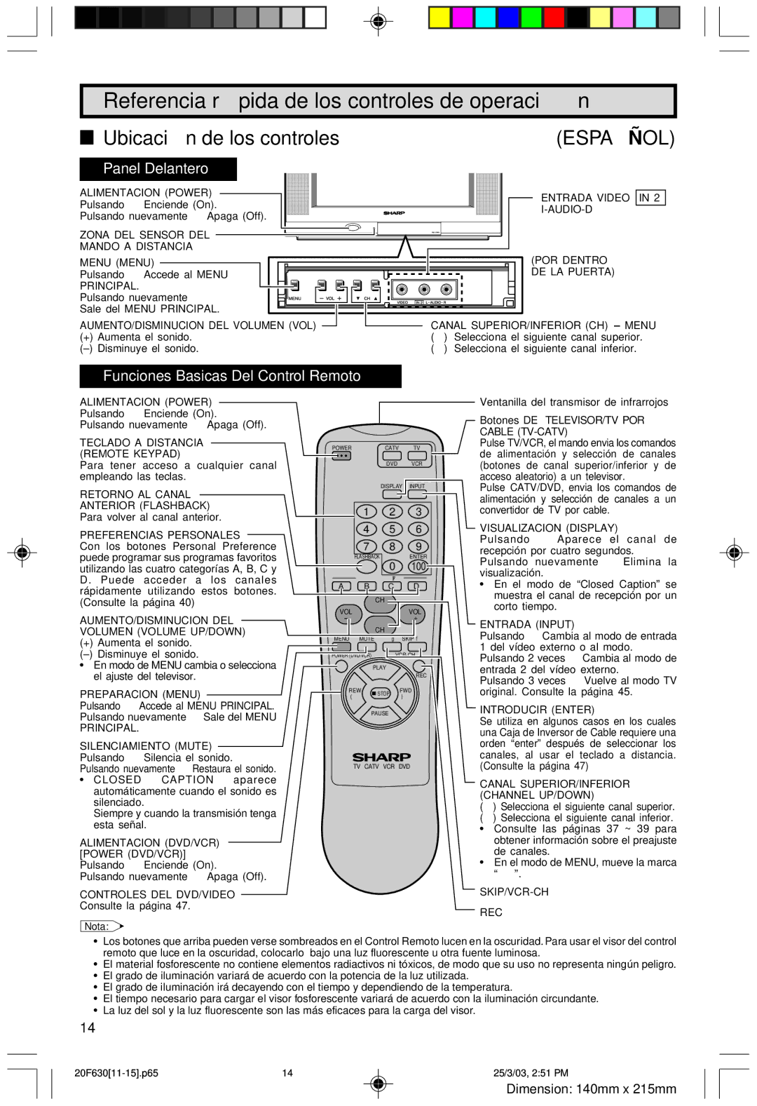 Sharp 20F630 L operation manual Referencia rápida de los controles de operación 