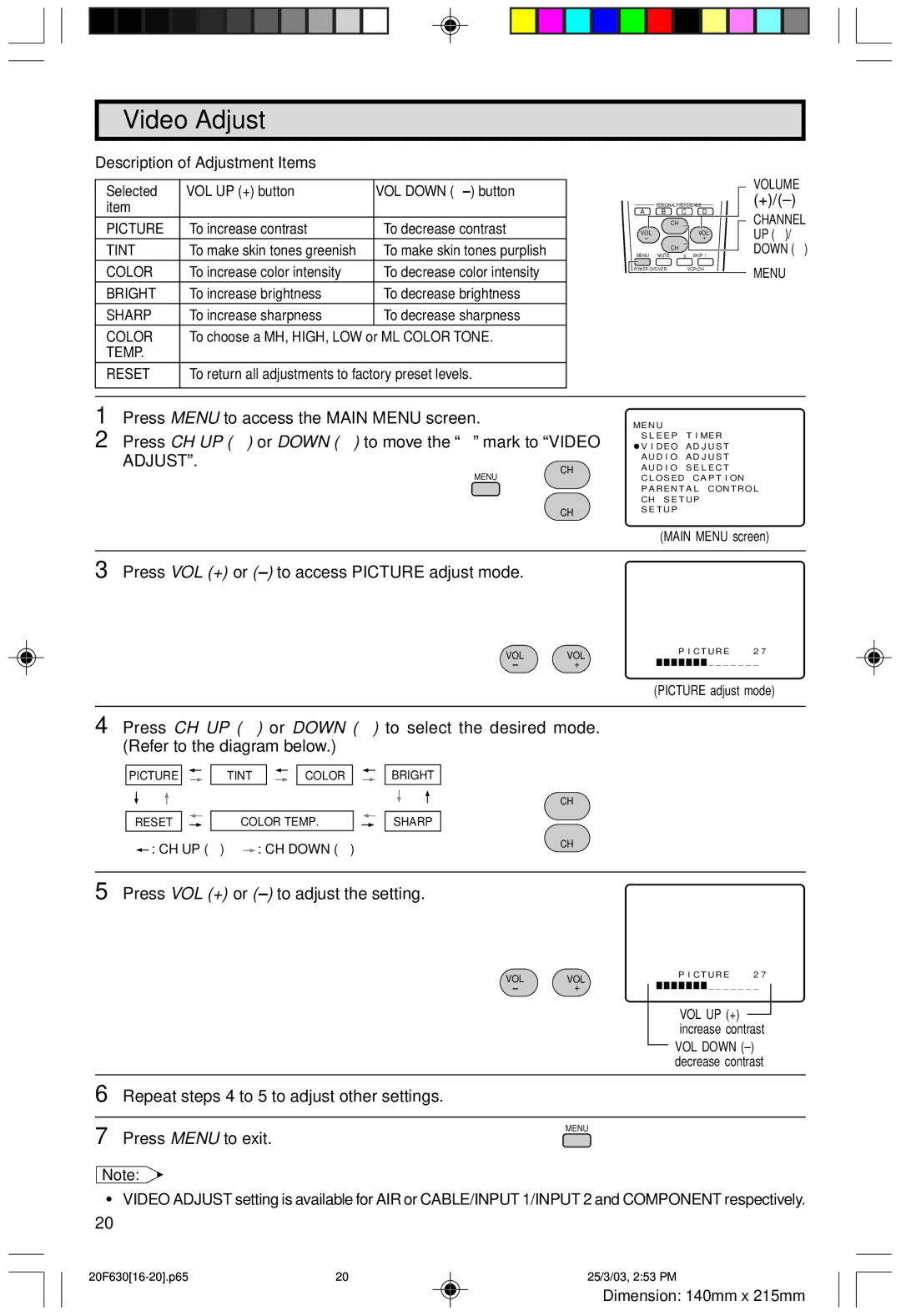 Sharp 20F630 L operation manual Video Adjust, Description of Adjustment Items 