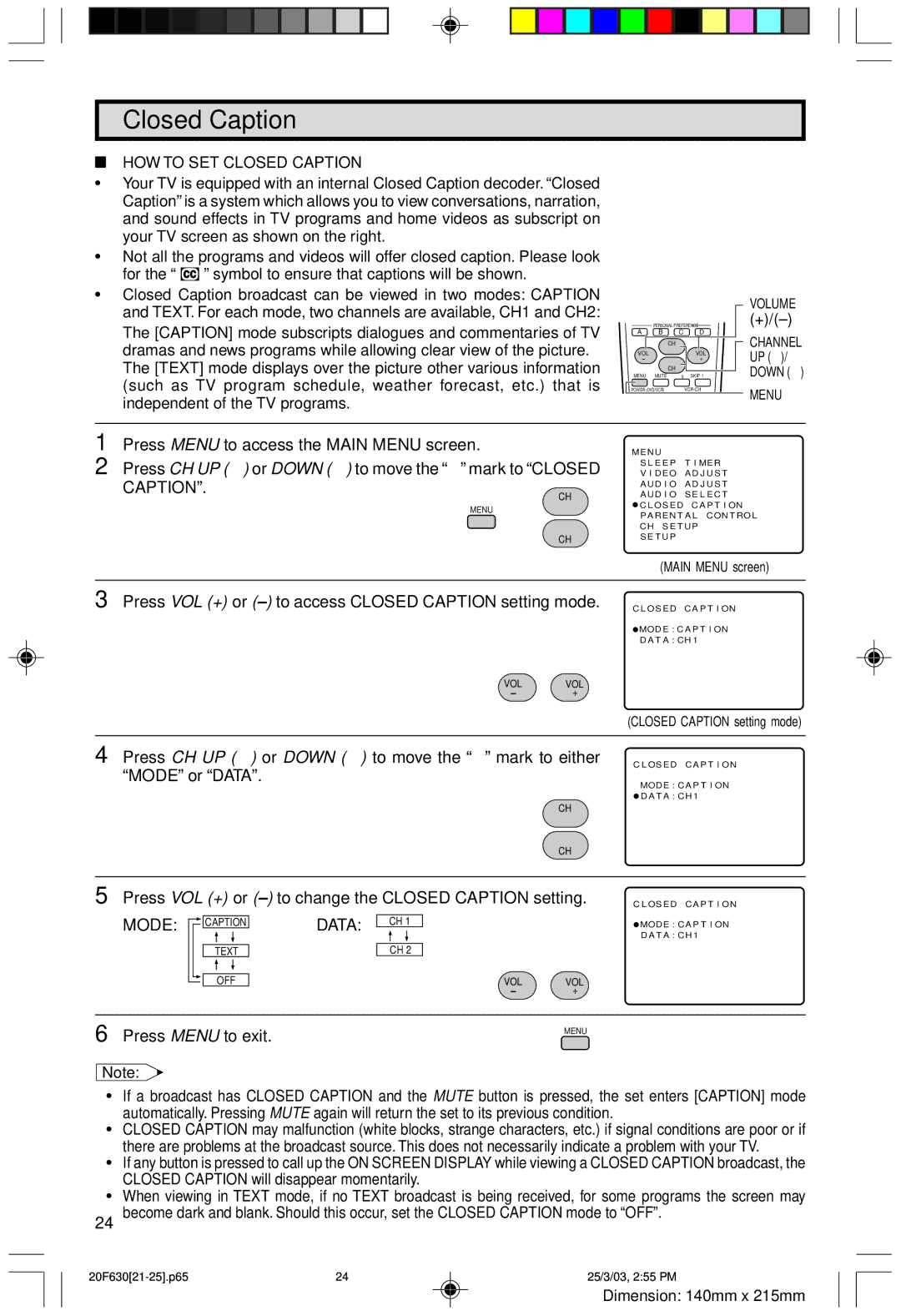 Sharp 20F630 L operation manual HOW to SET Closed Caption, Mode, Data 