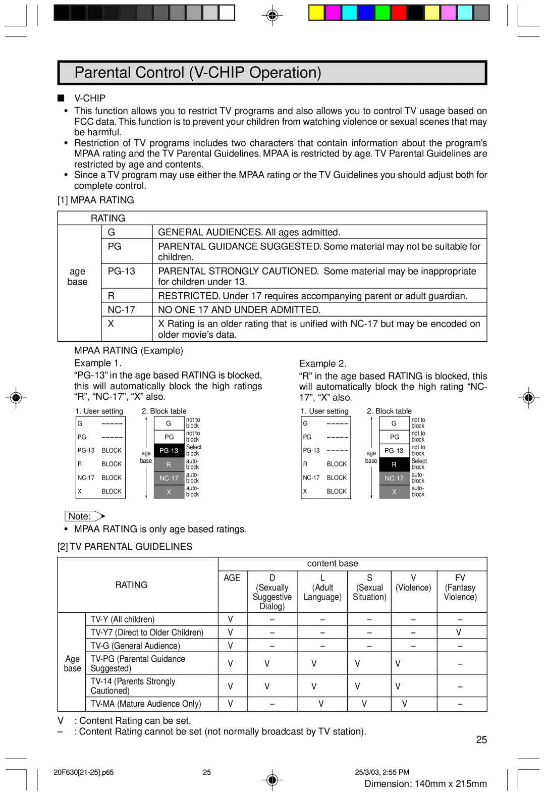 Sharp 20F630 L Parental Control V-CHIP Operation, Chip, Mpaa Rating Example Example, TV Parental Guidelines 