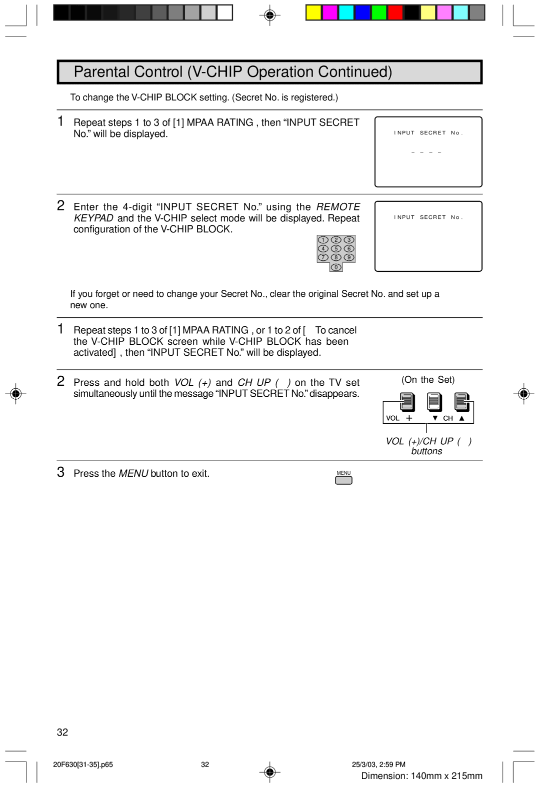 Sharp 20F630 L operation manual VOL +/CH UP Buttons 