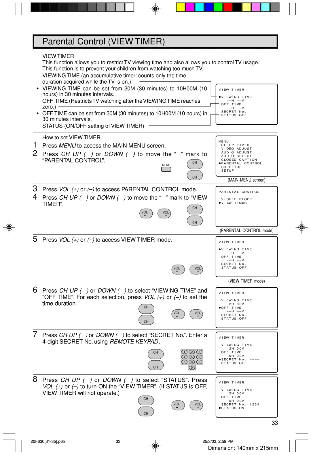 Sharp 20F630 L operation manual Parental Control View Timer, Status ON/OFF setting of View Timer, How to set View Timer 