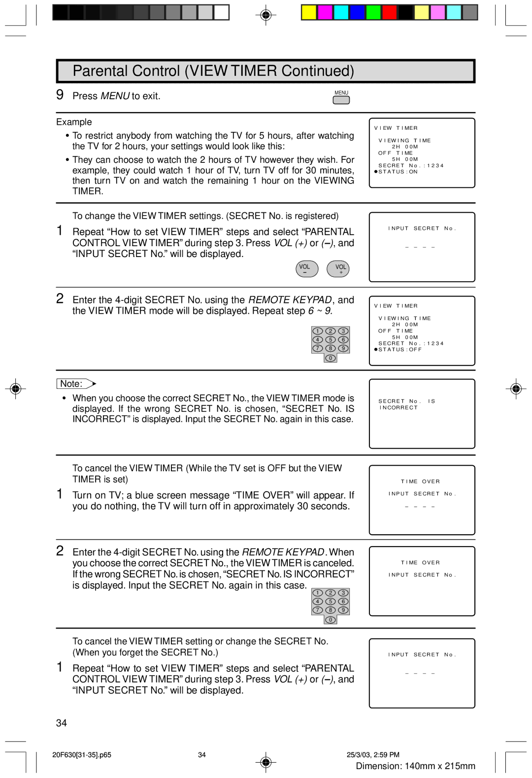 Sharp 20F630 L operation manual Example, To change the View Timer settings. Secret No. is registered 