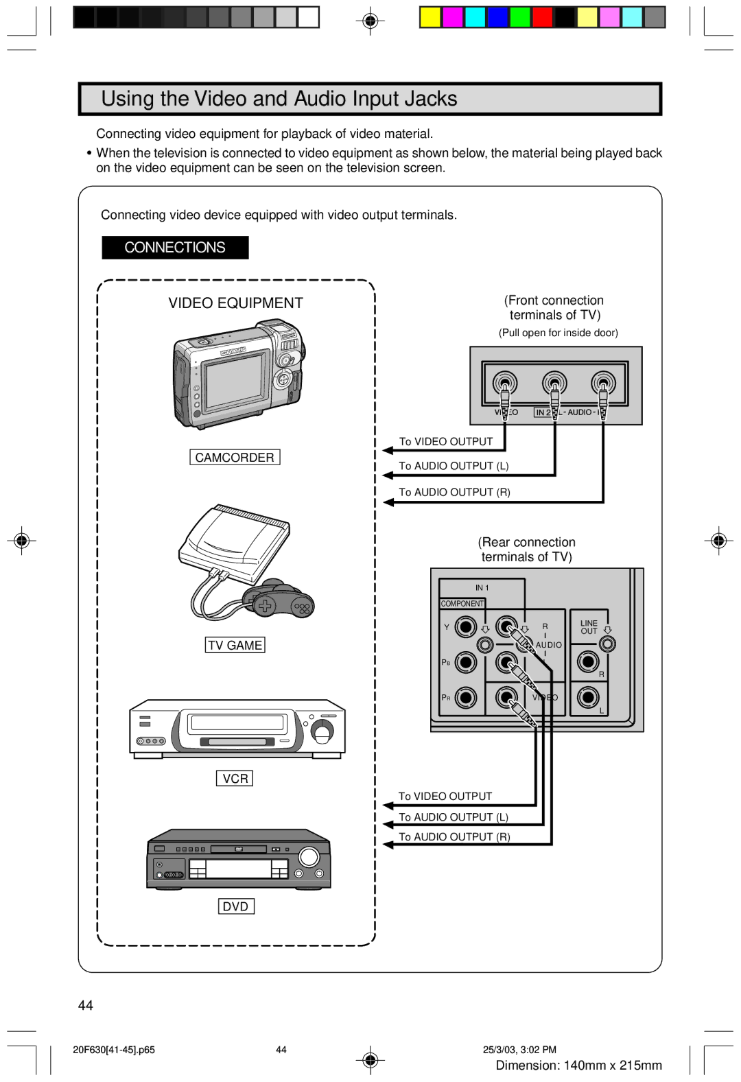 Sharp 20F630 L Using the Video and Audio Input Jacks, Connecting video equipment for playback of video material 