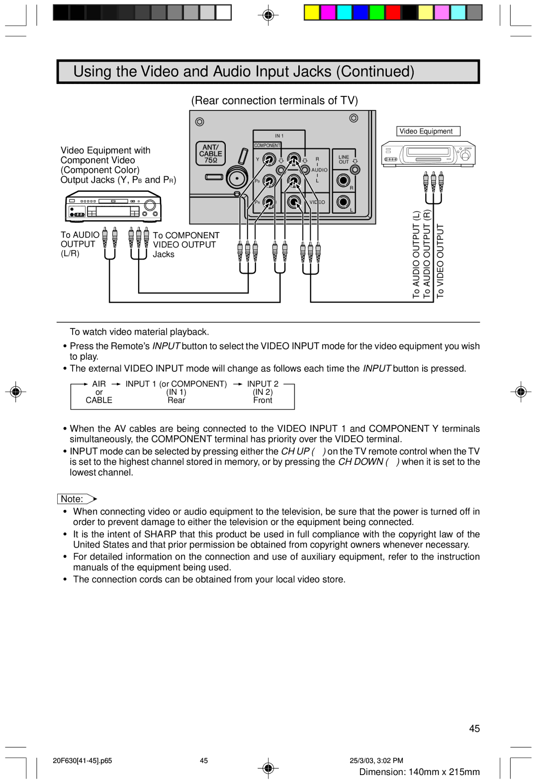 Sharp 20F630 L operation manual Rear connection terminals of TV, To watch video material playback 